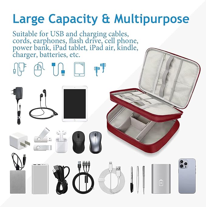 Electronics Travel Organizer, Double Layer Cable Organizer Bag Waterproof Electronics Accessories Storage Bag for Charger, Phone, Power Bank, Hard Drive, Cord, Tablet