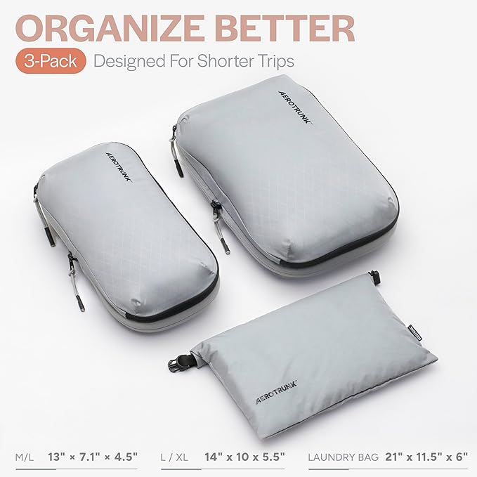 Aerotrunk Ultralight Compression Packing Cubes - Lightweight Travel Organizers for Suitcases and Luggage (3-Pack, Light Grey)