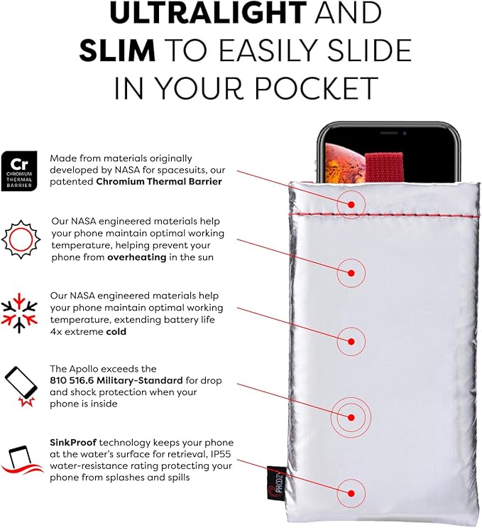 PHOOZY Apollo Thermal Phone Case | Insulated Phone Pouch Extends Battery Life 3X in Freezing Weather | Cold Resistant Drop Protection | Military Grade Water Resistant | Large | Silver