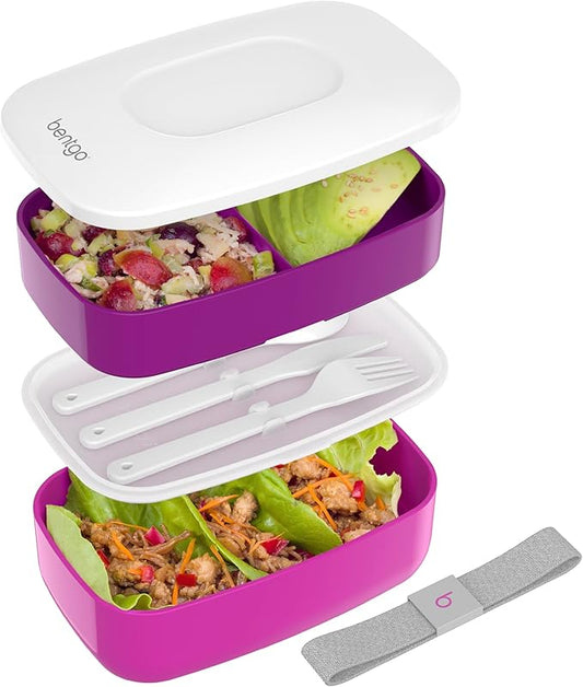 Bentgo Classic - Adult Bento Box, Stackable 3-Compartment Lunch Box with Removable Utensil Set and Sealing Strap, BPA-Free, Food Container Ideal for Meal Prep, Work, and On the Go (Purple)