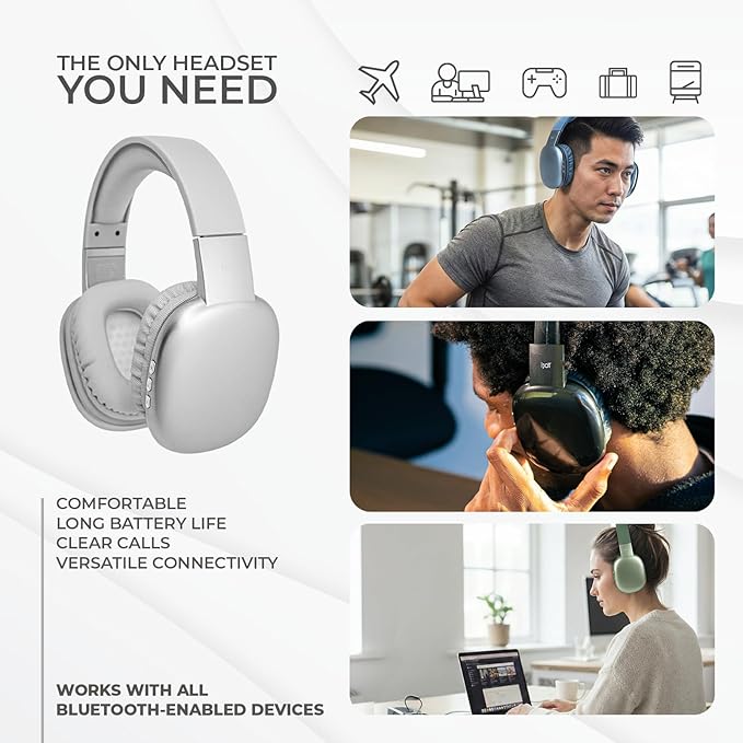 iJoy Ultra Wireless Over-Ear Bluetooth Headphones with Mic, Up to 10 Hours Playtime, Bluetooth Headset 33Ft Range with Backup AUX Cable & SD Slot, Wireless Headphones for Gaming, Work & Gym (Silver)