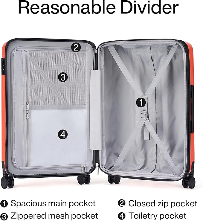 Hanke 24 Inch Expandable Checked Luggage Lightweight PC Hard Case Luggage Suitcases with Wheels TSA Luggage Rolling Large Suitcase Travel Luggage Bag for Go to University(Orange)