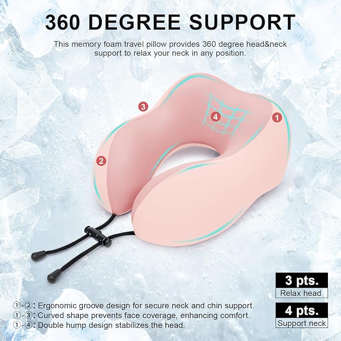 Travel Pillow for Airplane Memory Foam Neck Pillow, Soft & Support Travel Pillow for Travelling, Sleeping Rest, Car, Train and Home Use (Pink)