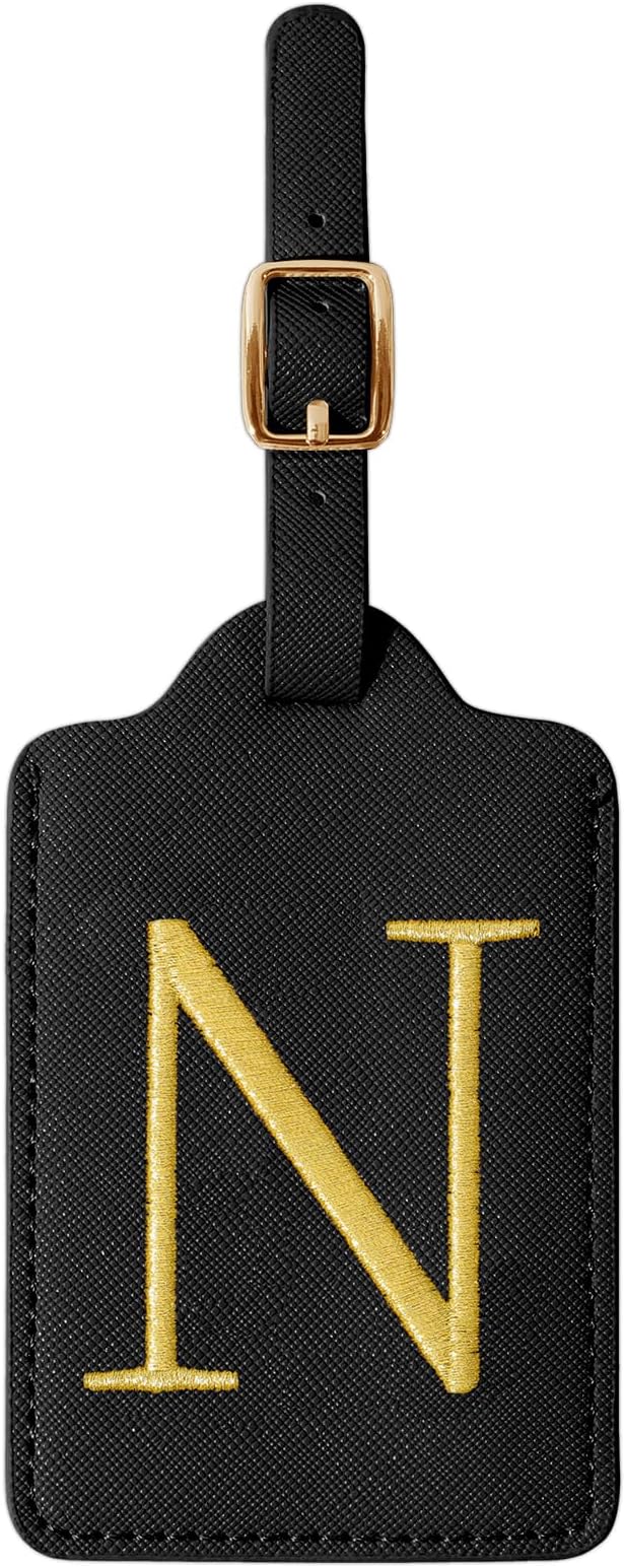 Personalized Initial Luggage Tags for Suitcase TSA Approved, Black Leather Cute Luggage Tag with Privacy Cover Name Card, Embroidered Custom Luggage Tags Travel Backpack Tags Gifts for Women Kids(N)