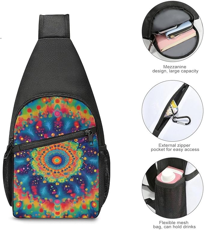 SWEET TANG Women's Cool Chest Bag Gym Sack Fashion Sling Shoulder Backpack Outdoor Sports Daypack Tie Dye Classic Mandala Kaleidoscope, Multipurpose Adjustable Bag Small Camera Case for Daily Use