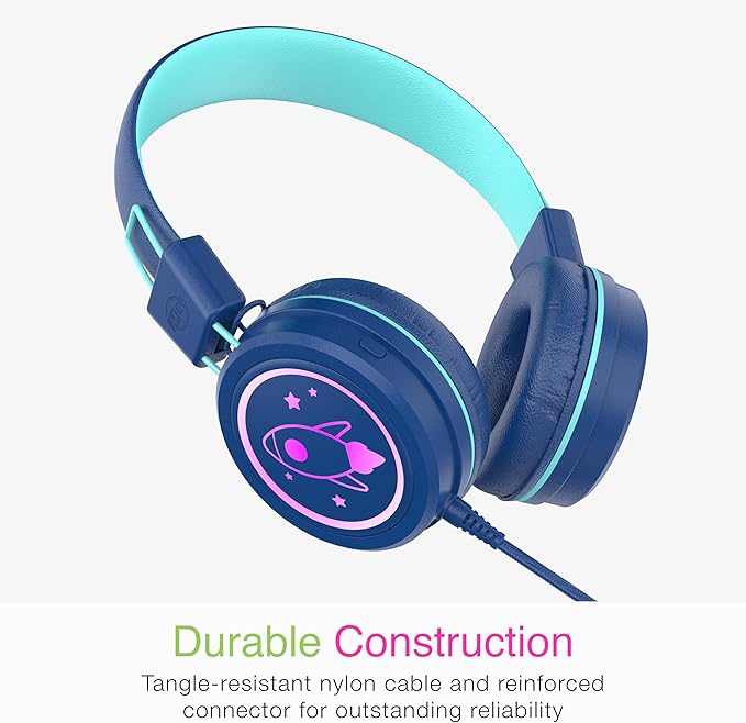 MEE audio KidJamz KJ55 Safe Listening USB-C Headphones for Children with Multicolor LED Lights, Volume Limiter, & Microphone; On-Ear Wired Kids Headset for iPhone 16, iPad, & USB Type C Devices (Blue)