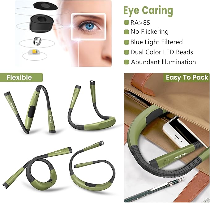 Glocusent Book Light, 3-Color & 6-Brightness Reading Light, Bendable Neck Light, 80-hr Lasting Rechargeable Lamp, Perfect Book Light for Reading in Bed, Knitting, Camping, Repairs(Green)