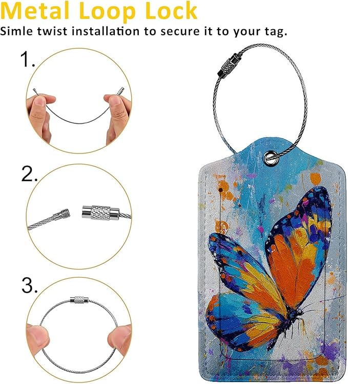 Butterfly 3 Pack Luggage Tags for Suitcases, PU Leather Baggage Suitcases Tag Name ID Label Privacy Cover Travel Bag Tags for Women Men Boys Girls