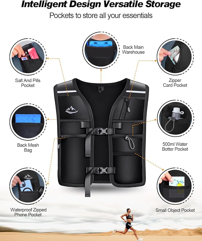 Running Vest for Women Men, Reflective Hydration Vest with Adjustable Waistband & Phone Pocket, Lightweight Breathable Running Water Vest for Jogging Hiking Trail Cycling and Marathon Race