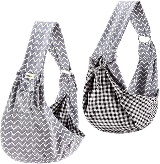 FDJASGY Small Pet Sling Carrier-Hands Free Reversible Pet Papoose Bag Tote Bag with a Pocket Safety Belt Dog Cat for Outdoor Travel (Gray Stripe)