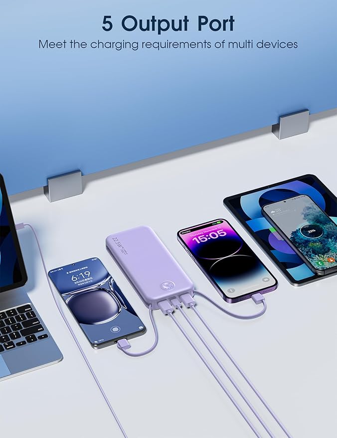 Portable Charger, 12000mAh 22.5W Fast Charging Power Bank with Built-in Cables & Wall Plug, Travel Essential External Battery Pack, USB C Battery Phone Charger for iPhone, iPad, Samsung Purple