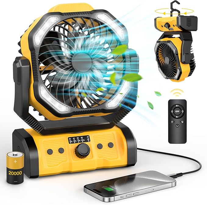 Portable Camping Fan Rechargeable - 20000mAh Cordless Battery Powered Fans with LED Lantern, Remote Auto Oscillating USB C Table Operated Tent Ventilador for Travel Outdoor Fishing Bedroom Home