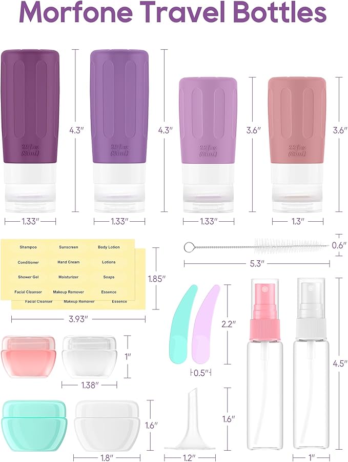 Morfone 16 Pack Travel Bottles Set for Toiletries, TSA Approved Travel Containers Leak Proof Silicone Squeezable Travel Accessories 2oz 3oz for Shampoo Conditioner Lotion Body Wash (BPA Free)