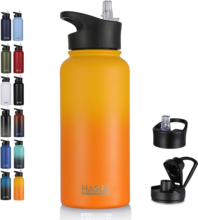 HASLE OUTFITTERS 32 oz Insulated Water Bottle Stainless Steel Double Walled Vacuum Sports Water Bottle with 2 Lids (Straw and Spout Lid) for Gym Camping Hiking(Yellow Orange Gradient,1)