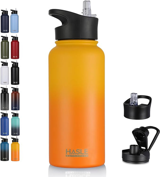 HASLE OUTFITTERS 32 oz Insulated Water Bottle Stainless Steel Double Walled Vacuum Sports Water Bottle with 2 Lids (Straw and Spout Lid) for Gym Camping Hiking(Yellow Orange Gradient,1)