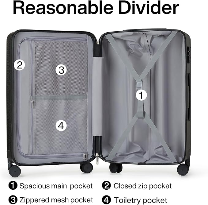 Hanke 24 Inch Luggage Suitcases With Spinner Wheels Lightweight PC Hard Shell Rolling Suitcase With Travel Lock,Checked-Medium 24-Inch(Jet Black)