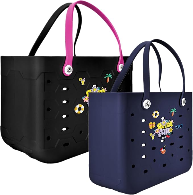 2-Piece Tote Bag Set, Waterproof Rubber Beach Bag with Summer Pattern, Medium & Large Handbag for Pool, Beach, Boat