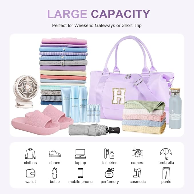 Dance Gym Duffel Bag for Teen Girls, Personalized Initial Travel Weekender Bag,Cute Overnight Carry On Duffle for Women,Sports Travel Cheer Bag,Monogram Christmas Gifts for Tween Preppy(purple-H)