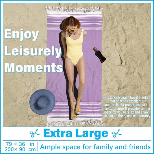 Thin Turkish Beach Towel Lightweight Soft Cotton Extra Large XL Oversized Sand Free Sandproof Absorbent Quick Dry Towels Cloud Bath Pool Travel Compact Essentials Accessories for Adult Gifts