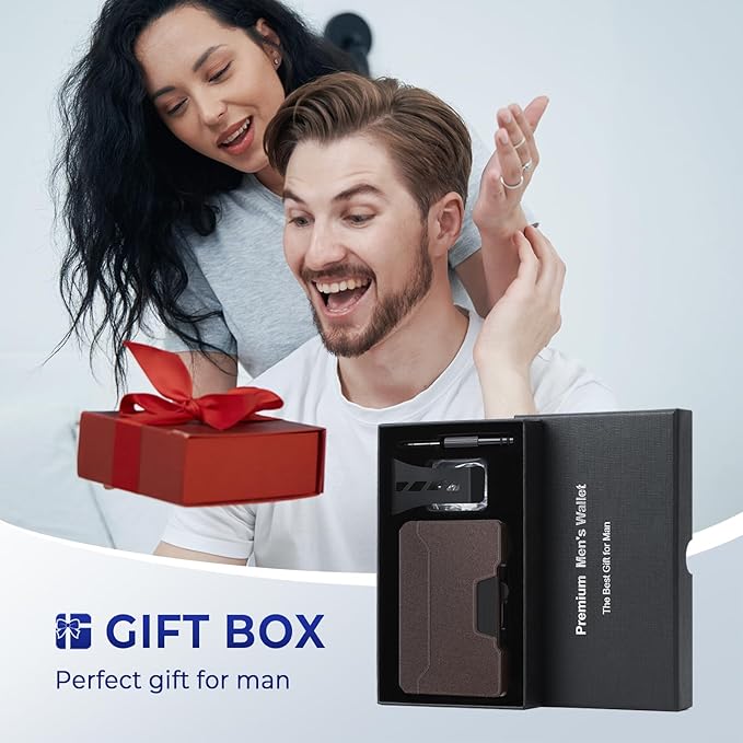 Slim Wallet for Men - Minimalist Mens Wallet with Money Clip, Aluminum Pop Up Card Case and Leather Slots Credit Card Holder RFID Blocking Wallet for Men with Gift Box