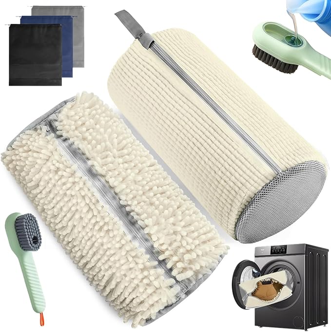 2Pcs Shoe Washing Machine Bag, Durable Laundry Shoe Bag for Washing Machine, Fluffy Fibers 360° Cleaning, Includes Liquid Shoe Brush & Travel Dust Bag, Ideal for Sneakers & Gym Shoes (White)