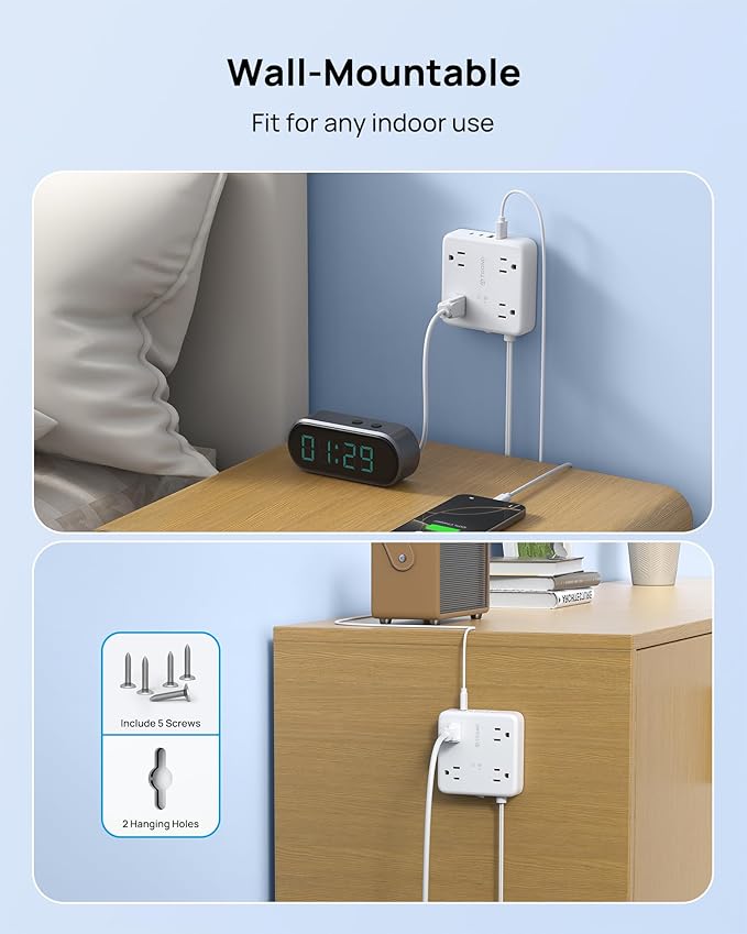 TROND 2 Prong Power Strip 10ft, 2 Prong to 3 Prong Extension Cord, Polarized Flat Plug, 4 AC 4 USB, Wall Mountable Surge Protector Outlet for Non-Ground Socket in Old House School Office, White