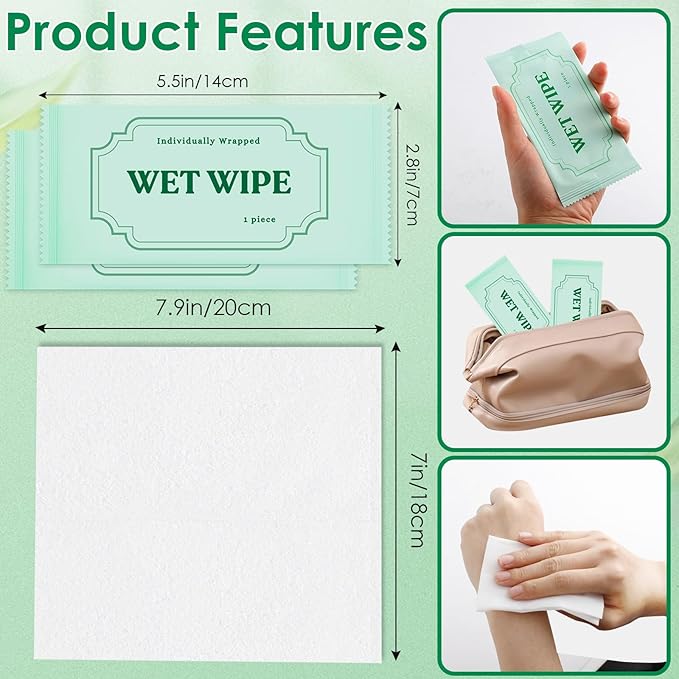 300 Pack Wet Wipes Individually Wrapped, Aloe Vera Hand Wipes, Wet Wipe Bulk Individual Hand Wipe,Travel Size Wipes Quick Hands Cleaning for Travel Wedding Restaurant Barbecue(Green)