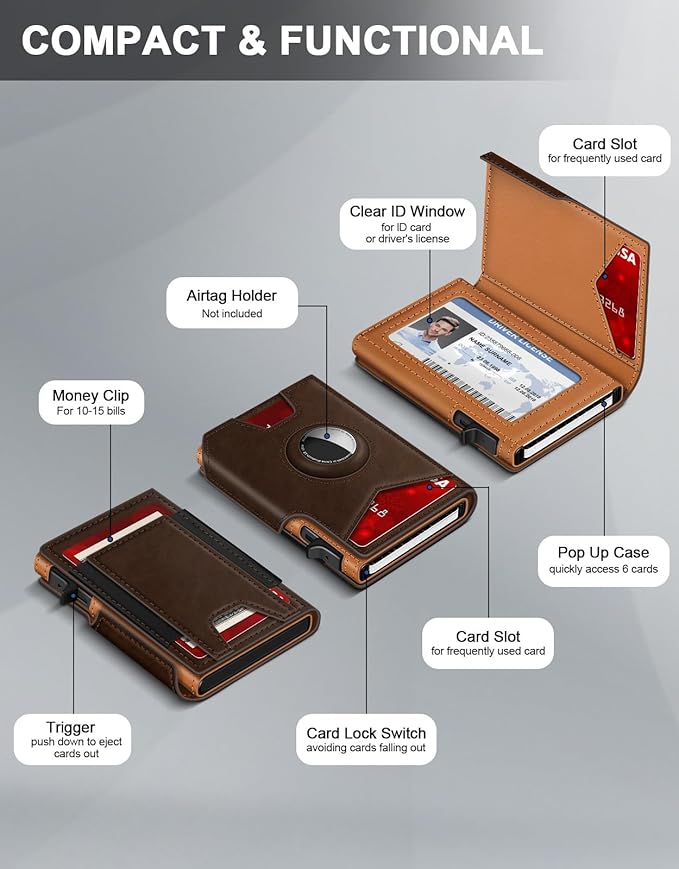 Airtag Wallet for Men, Minimalist Slim Mens Wallet Smart Pop Up Credit Card Holder for 9-13 Cards, RFID Blocking Wallet with ID Window & Cash Slot, Compact Bifold Metal Aluminum Card Case