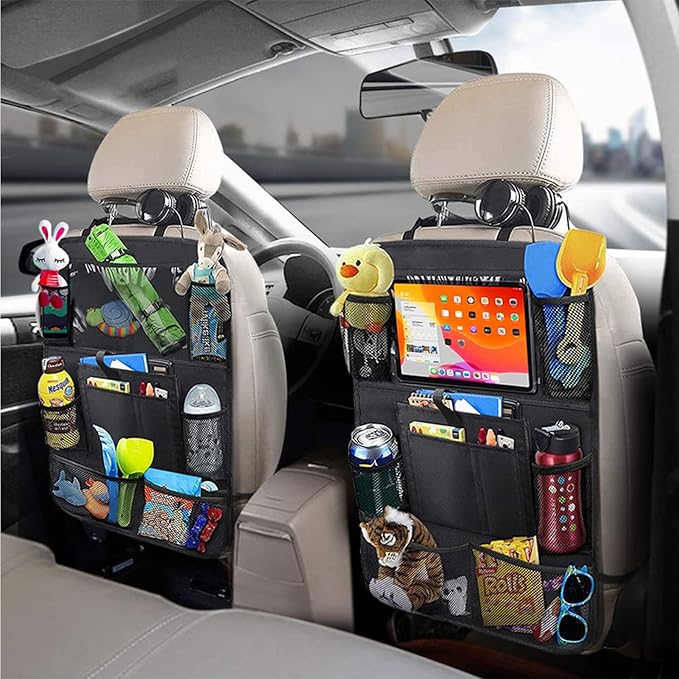 Car Storage Organizer 2 PCS,Car Backseat Organizer for Kids Durable Waterproof Oxford Fabric with Touchable Tablet Holder 8 Mesh Pockets and 2 Pockets for Snacks Toys,Car Travel Accessories