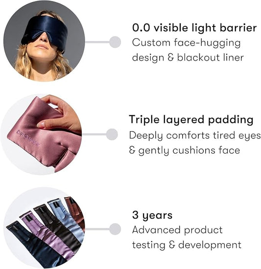 DROWSY Silk Sleep Mask - Face-Hugging, Padded Cocoon for Luxury Sleep in Total Darkness - 100% Pure Mulberry Silk (Black Jade)