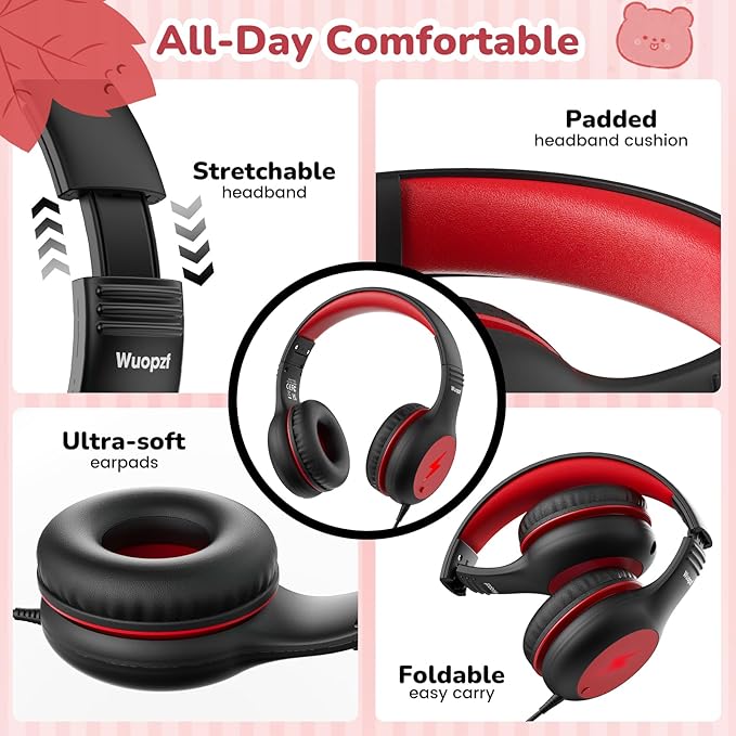 Kids USB C Headphones for School, 2025 Upgrade Safe Listening Wired Over-Ear Headphones with LED Lights, Volume Limiter & Microphone, Foldable Design for iPhone 16, iPad, Tablet (Black Red)