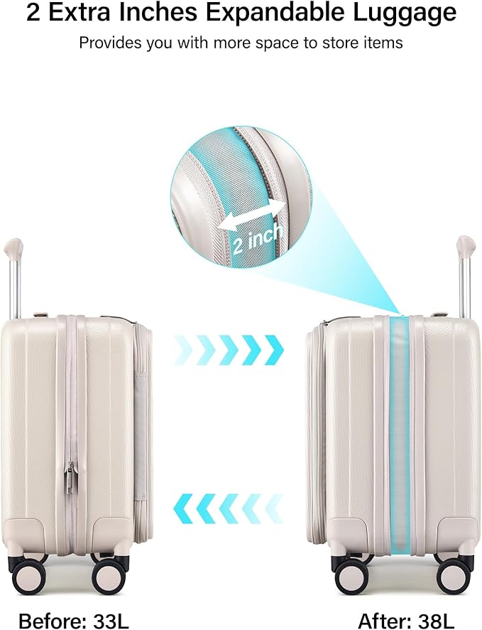 Hanke 16 Inch Expandable Under Seat Luggage with Wheels Top Opening Small Suitcase with Wheels Carry On Luggage Airline Approved Lightweight Hard Shell Suitcases for Weekender Overnight-Ivory White