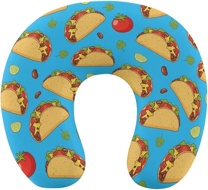 Memory Foam U-Shape Travel Pillow, Mexican Tacos Mint Green U-Shaped, Neck Support Compact for Airplane Bus Rest, Washable Cover Breathable