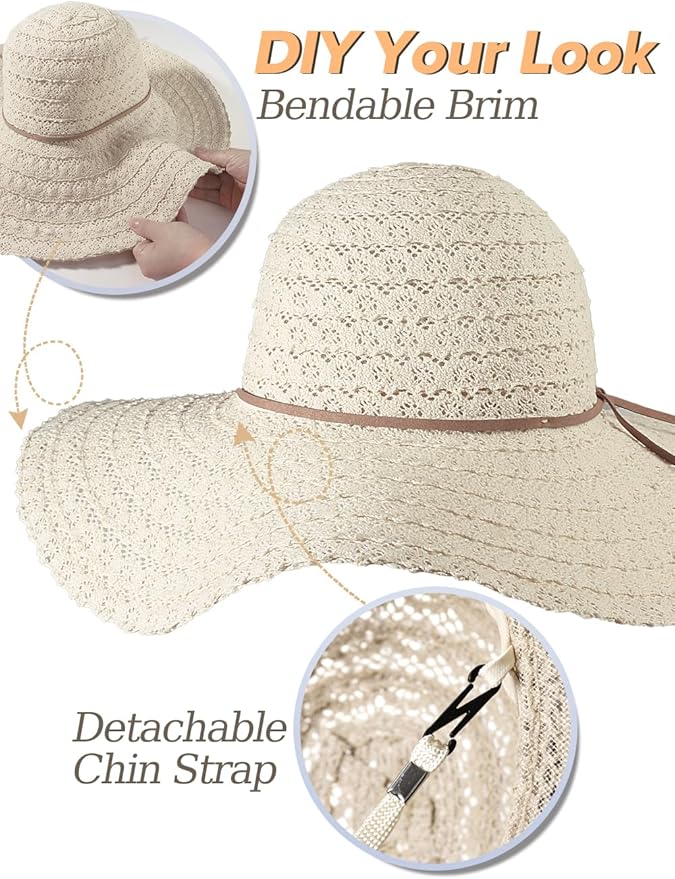 Sun Beach Hats for Women Summer Floppy Wide Brim Sunhat Packable Foldable Lace Travel Vacation