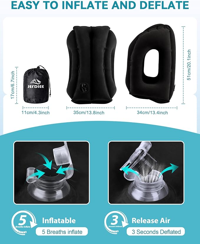 JefDiee Travel Pillow,Inflatable Airplane Pillow for Sleeping to Avoid Neck and Shoulder Pain,Supports Head and Chin Used for Airplane,Car,Bus and Office
