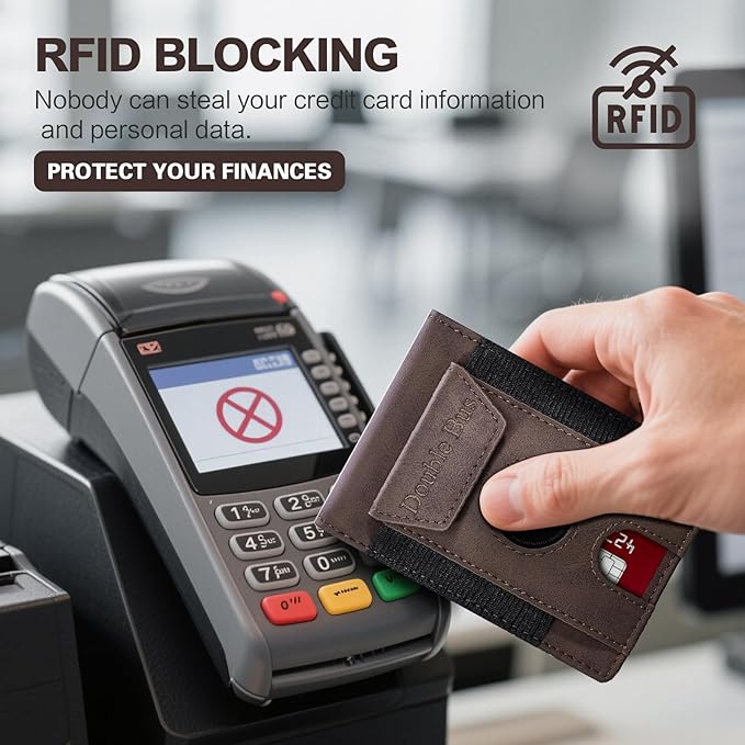 Wallet for Men RFID Blocking Bifold Mens Leather Wallets,Ultra Thin Minimalist Front Pocket Small Compact Mens Slim Wallet,Smart Security Credit Card Holder Elastic Pocket,with Money Clip, 2 ID Window