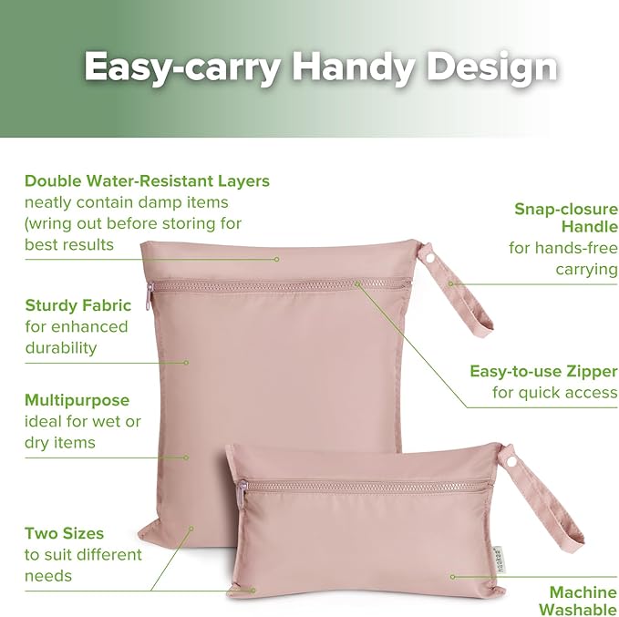 haakaa Waterproof Wet Bags for Baby Wet Dry Bags for Cloth Diaper, Swimsuit & Travel, 2pcs, Blush