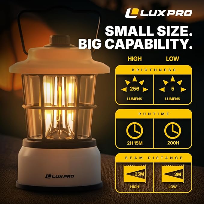 LUXPRO Retro LED Lantern - Battery-Powered Emergency Lantern - Water Resistant - Bright LED Lamp for Indoor & Outdoor Use - Use for Tents, Hiking or Hurricane Prep (Beige, Pack of 1)