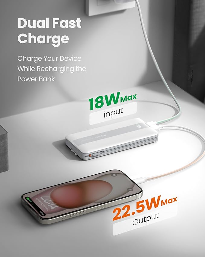 Fast Charging Power Bank, USB C Portable Charger Built-in Cables and Wall Plug, 10500mAh 22.5W 4 Outputs 3 Inputs LED Display External Battery Pack Compatible with iPhone/Android (White)