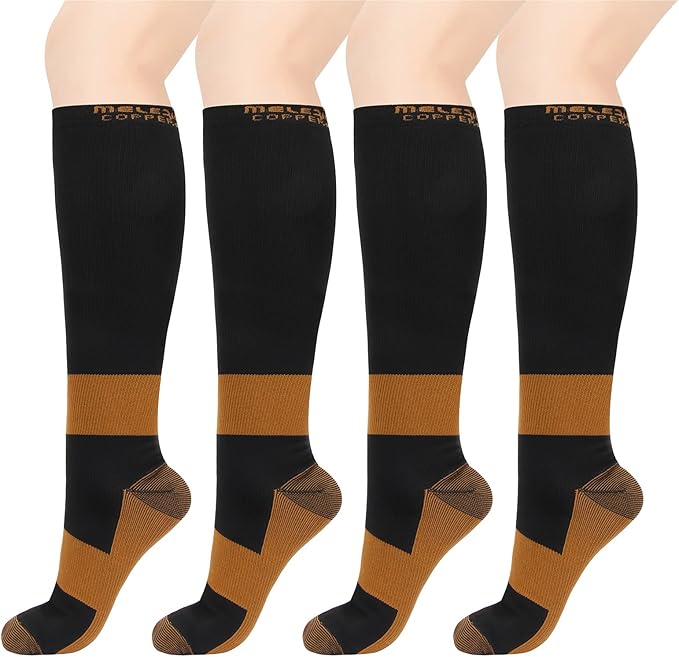 MELERIO Copper Compression Socks Men Women 4 Pairs 15-20 mmhg Comfortable Circulation for Edema Varicose Veins and Anti-Fatigue