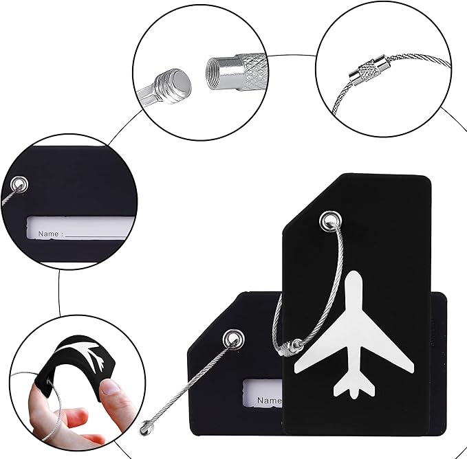Gostwo 2 Pack Silicone Luggage Tags for Suitcases, 26 Initial Letter Baggage Labels Handbag School Bag Suitcase Instrument Tag with Stainless Steel Loop(Black)(Airplane)