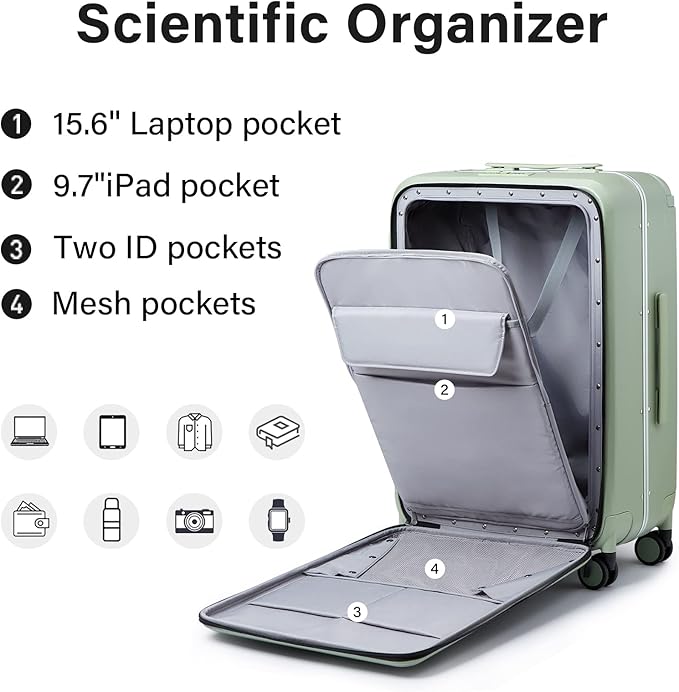MILADA Wide Handle Luggage with Front Pocket Hardshell Aluminium Check In Suitcase with Wheels Medium 24 Inch Front Opening Checked Luggage with Spinner Wheels TSA Approved Luggage, Bamboo Green