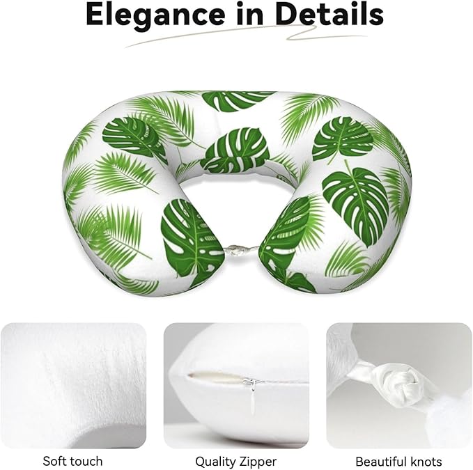 Neck Pillow Memory Foam Chin Cushion with Breathable Cover Tropical Leaf Green Banana Palm Leaves, Cute Airplane Car Pillows for Office Head Pain Relief