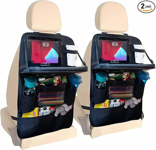 Backseat Car Organizer with Tray, 9 Storage Pockets Back Seat Protector with Foldable Tablet Holder, Waterproof Back of Seat Kick Mats for Kids Adult, Road Trip Essentials Travel 2 Pack, Black