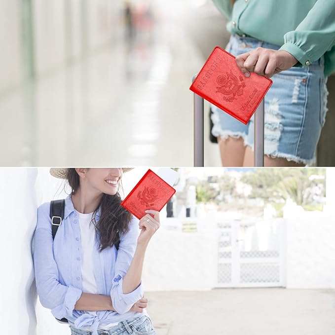 Eoehro Passport and Vaccine Card Holder Combo, Faux Leather, Compact, Lightweight, Waterproof, Red