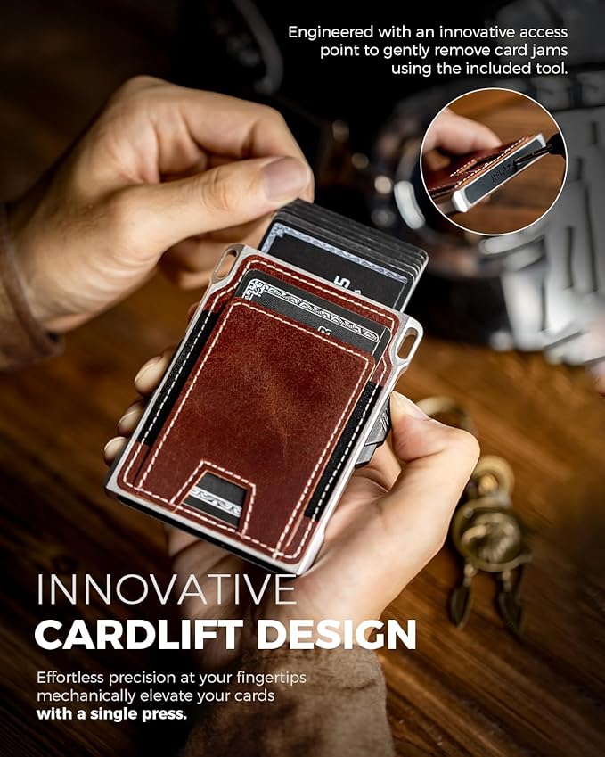 LORZOR Slim Tactical Wallet for Men- Minimalist Full Grain Leather Wallet for 12 Cards, RFID Blocking Aluminum Cardholder, Smart Pop Up Card Case, Front Pocket, Money Clip, Gift for Men(VintageBrown)