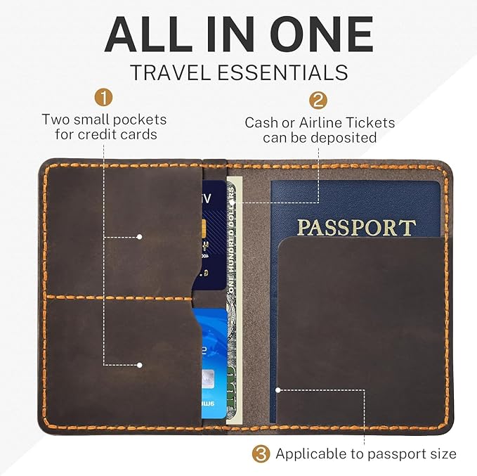 Genuine Leather Passport Holder for Travel,RFID Blocking Passport Cover, Men Passport Wallet, Folding Passport Clip with One Pocket, Two Card Slots, And One Passport Pocket(Coffee Brown)