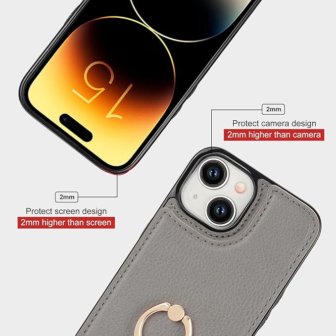 Folosu Compatible with iPhone 15 Case Wallet with Card Holder, 360°Rotation Finger Ring Holder Kickstand, RFID Blocking Leather Protective Double Buttons Shockproof Cover 6.1 Inch Gray
