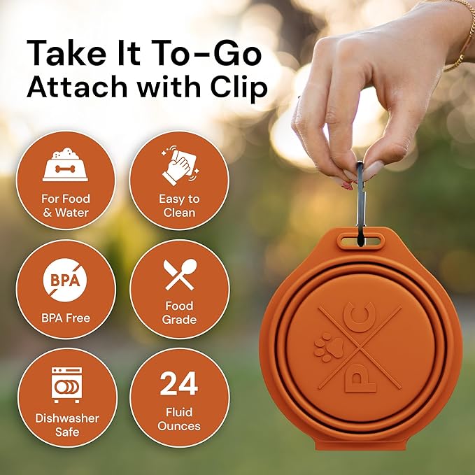 Pup Culture Dual Collapsible Dog Bowls | Silicone Travel Water Bowl for Dogs | Food Grade, No Plastic Rim, Portable Dog Bowl for Food and Water - Easy to Clean | BPA Free and Safe for Your Pup-Orange