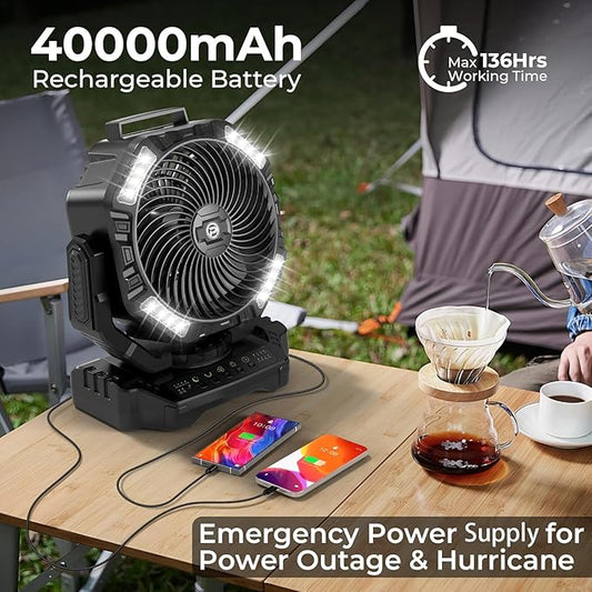 40000mAh Camping Fan with Light - 12in Rechargeable Battery Powered Fan (136H Cool Max), 90°Auto Oscillating with Remote & Charger, 4 Speeds & Timers for Outdoor/Patio/Garage/Jobsite/Hurricane/Outage